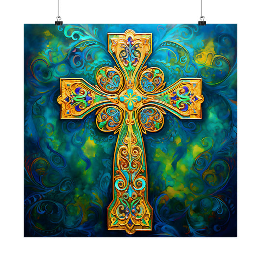 Gorgeous Blue and Gold Cross Art Print