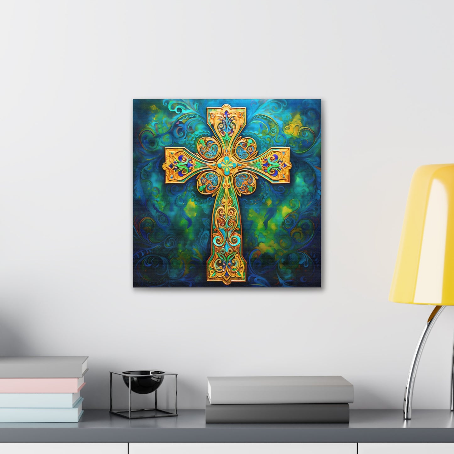 Blue and Gold Cross Painting Fine Art Print Canvas Wall Art