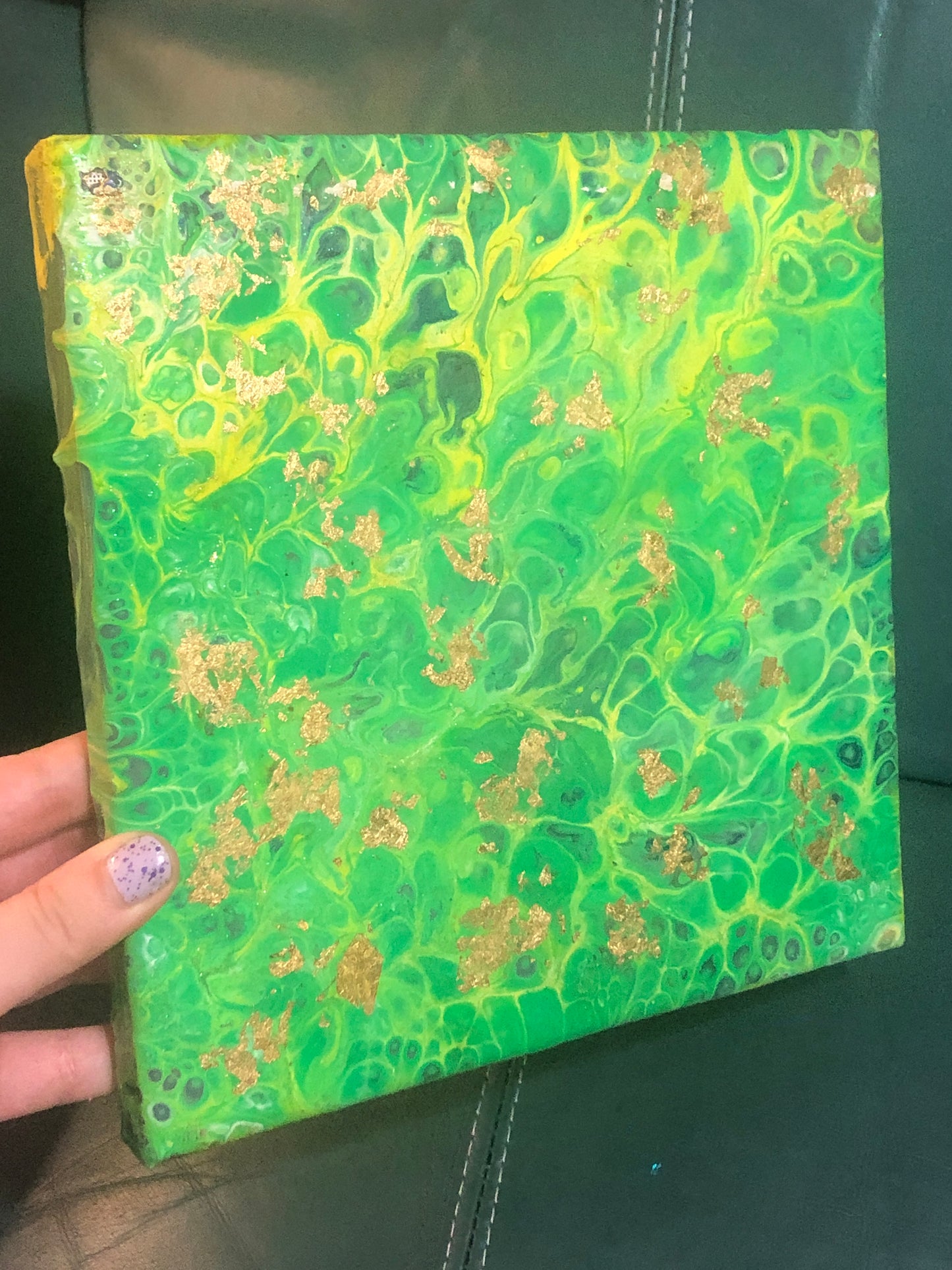 Merry Green and Yellow Glitter Abstract 8x8 Canvas Painting
